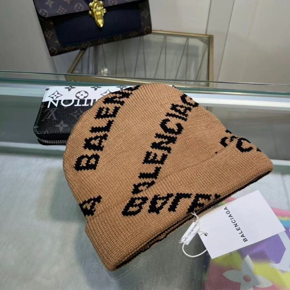 Balenciaga All-Over Logo Knit Beanie in Camel